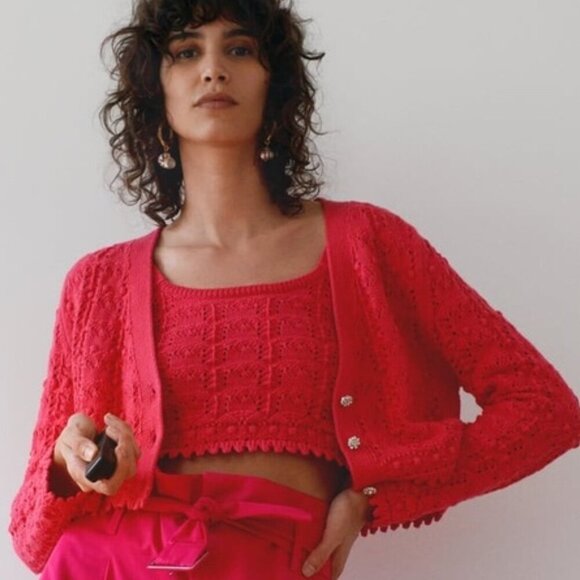 Zara Rhinestone Pointelle Knit Cropped Cardigan Sweater Fushia Pink Size Small - Picture 2 of 8
